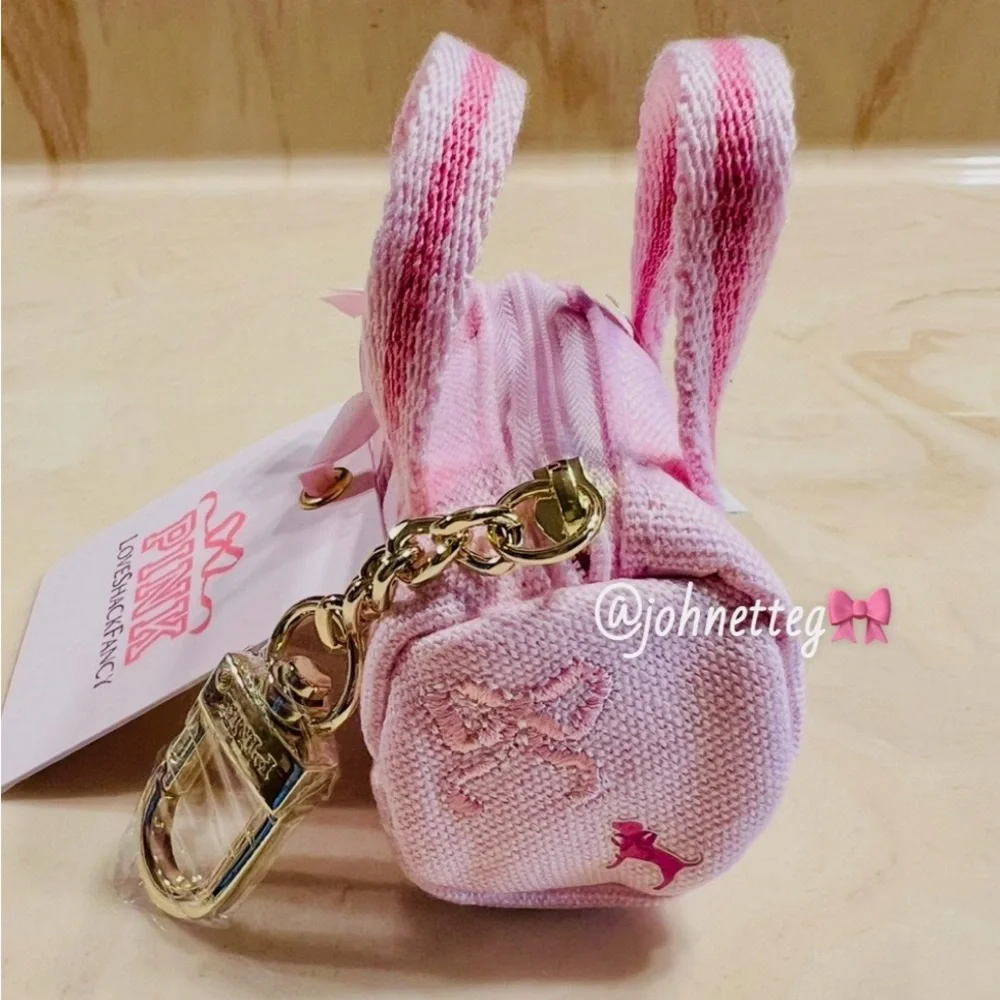🎀PINK x LoveShackFancy Mini Duffle Bag Keychain Bag Charm Pink Tulip “P” Logo